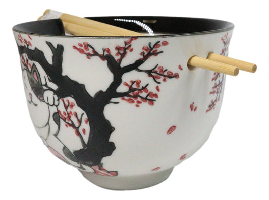 Lucky Cat Maneki Neko Sakura Festival Porcelain Ramen Bowl With Chopsticks Set