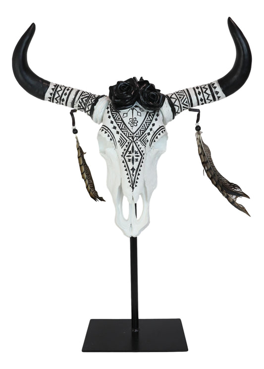 Rustic Western Tribal Tattoo Black Roses Longhorn Cow Skull Desktop Plaque