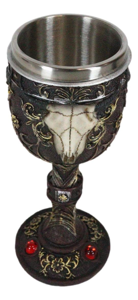 Ebros Horned Wild Bison Steer Tribal Skull Red Cyrstals Maroon Wine Chalice Goblet Cup - Ebros Gift