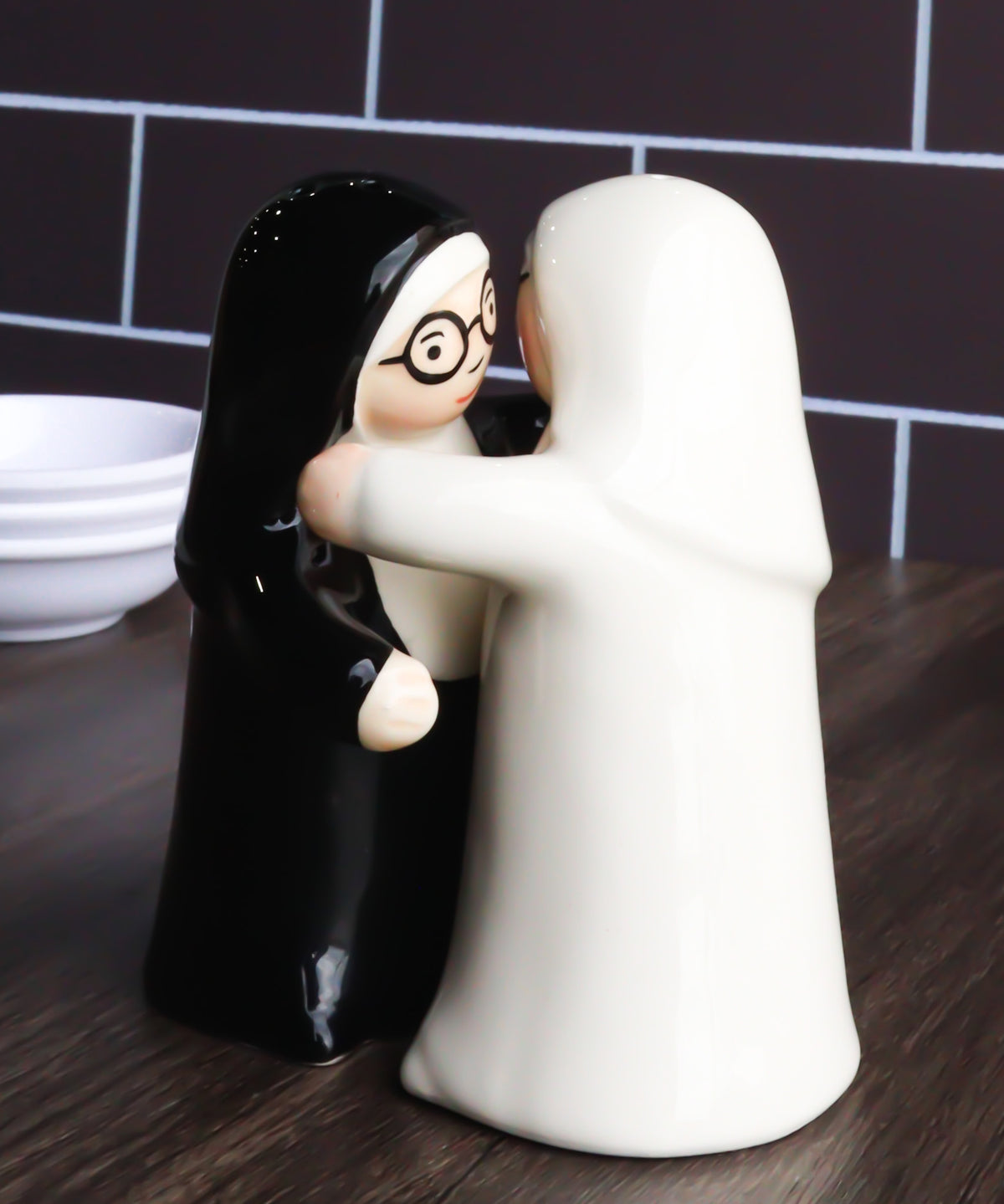 Black And White Dressed Dancing Nuns Cute Ceramic Salt & Pepper Shakers Set