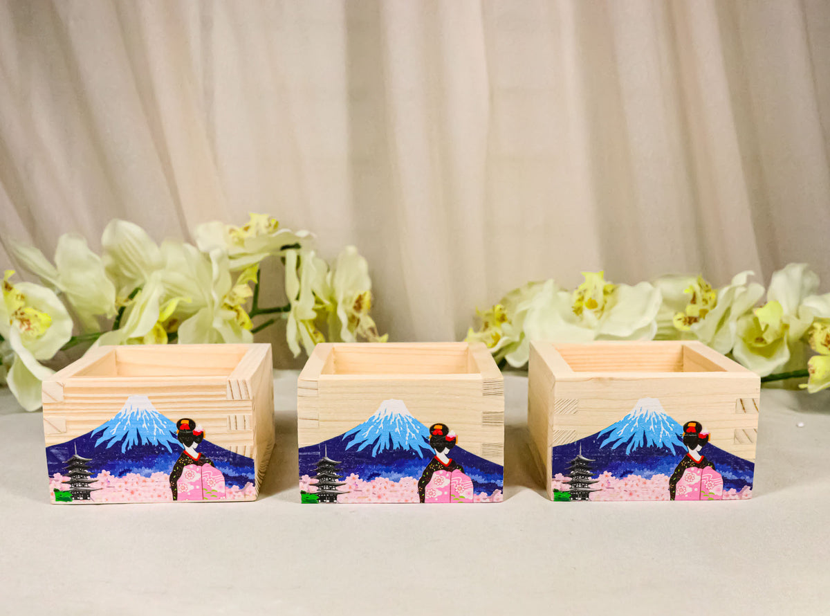 Set Of 3 Pink Sakura Mount Fuji Fujiyama Traditional Masu Square Box Sake Cups