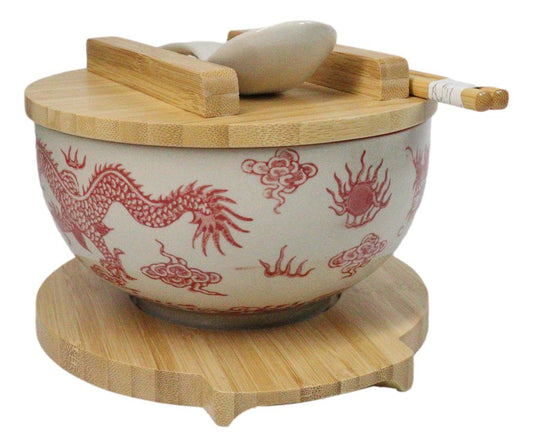 Red Ryu Dragon Design Donburi Ramen Bowl With Lid Trivet Spoon Chopsticks Set