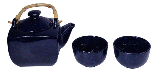 Speckled Navy Blue Zen Fusion Reactive Glaze 32oz Teapot With 2 Tea Cups Set