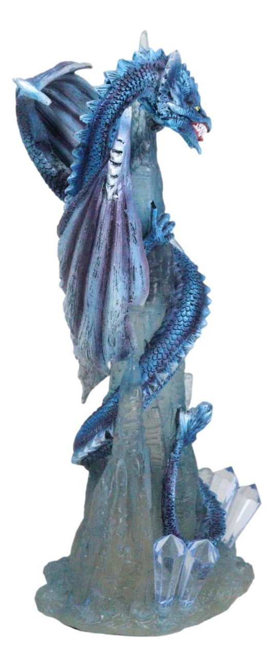 Frozen Stalactite Blue Dragon Serpent On Spiky Ice Mountain Cliff Figurine