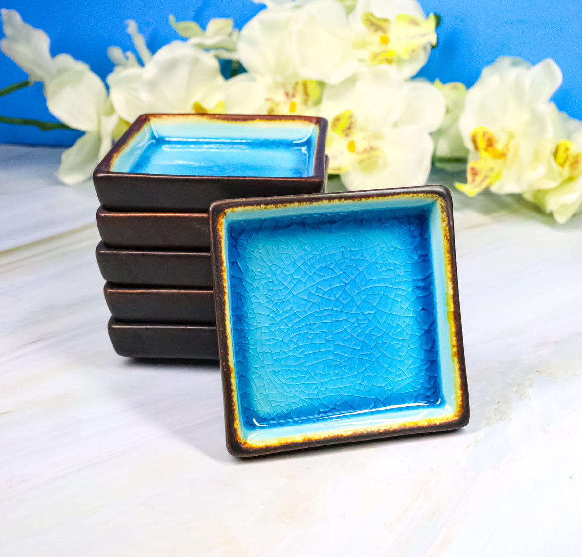 Set Of 6 Blue Sky Aozora Kannyu Ceramic Square Condiment Sauce Dishes 2oz