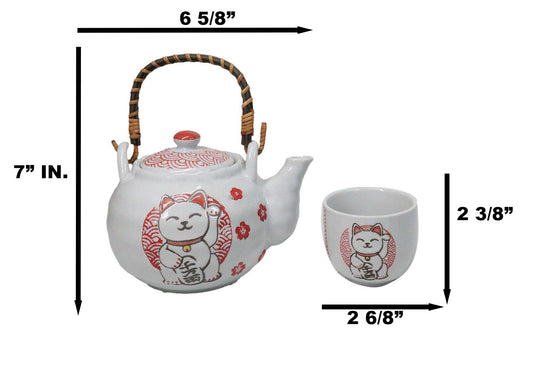 White Red Maneki Neko Lucky Cat Ceramic Tea Pot And 2 Cups Set Bamboo Handle