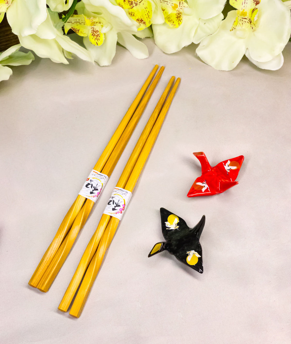 Red And Black Full Moon Cranes Set of 2 Chopsticks And Ceramic Rests Set
