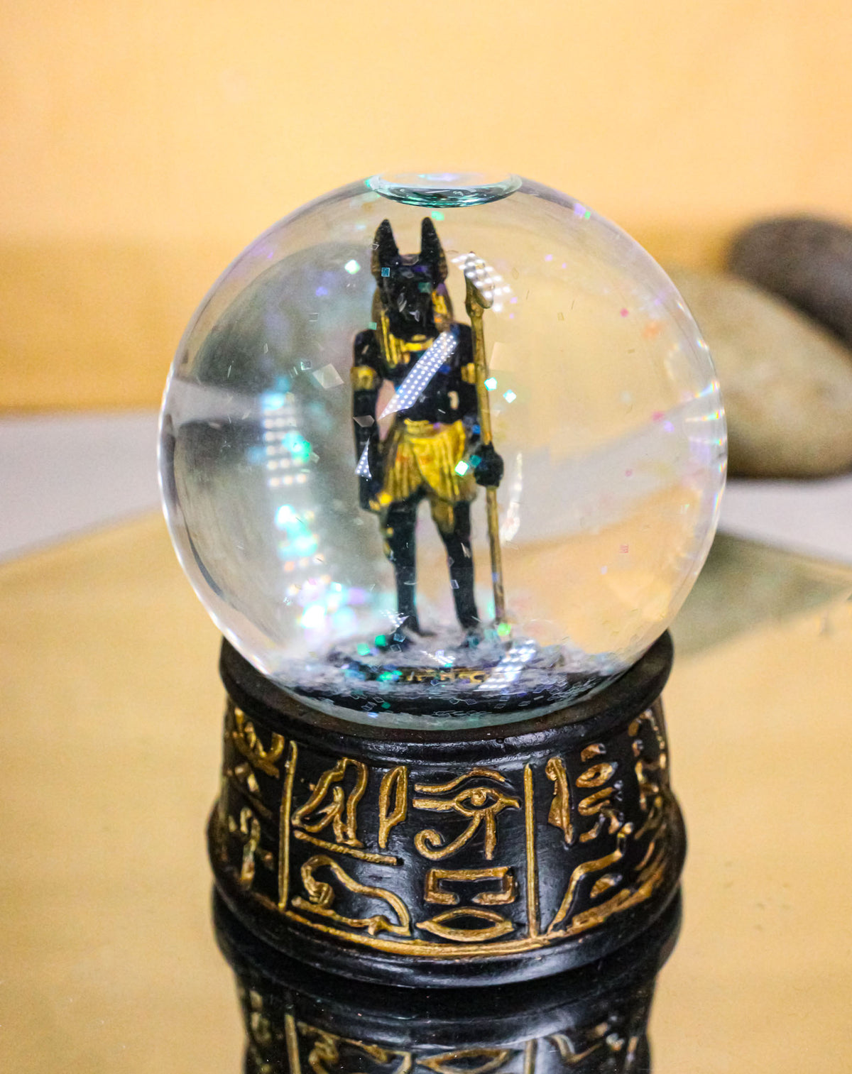 Black and Gold God of The Underworld Anubis Jackal Small Glitter Water Globe