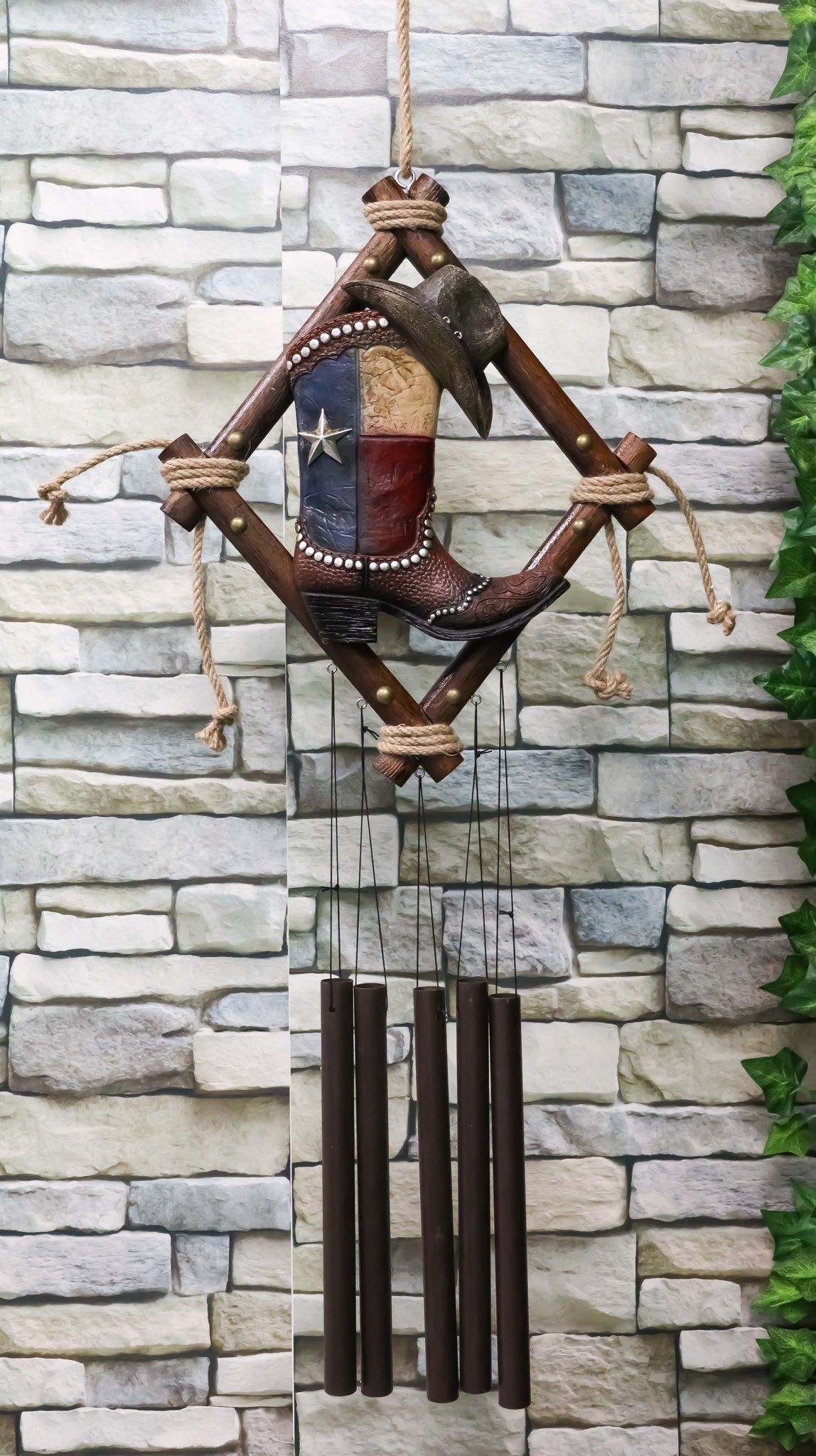 Rustic Western Texas Cowboy Boot And Hat Faux Leather Decorative Wind Chime