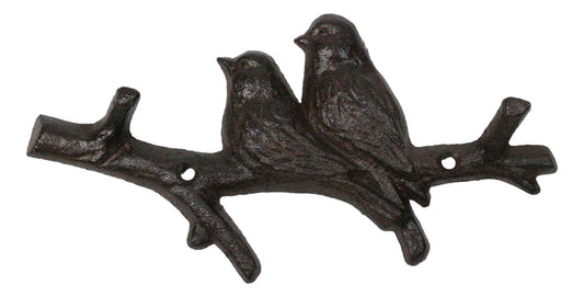 Set of 2 Cast Iron Rustic 2 Lovebirds Perching On Branch 2-Pegs Wall Hooks