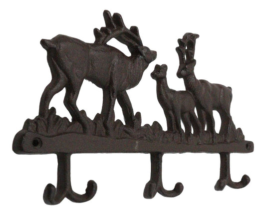Rustic Deer Stag Doe and Fawn Family Antlers Cast Iron 6 Peg Wall Hook Sculpture