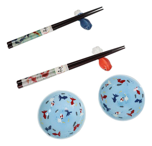 Goldfish Kingyo Pastel Blue Sauce Dishes Chopsticks And Rests Sushi Set For 2