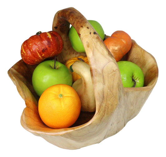 Rustic Hand Carved Crafted Burl Wood Tree Root Bowl Basket With Handle 12" Wide