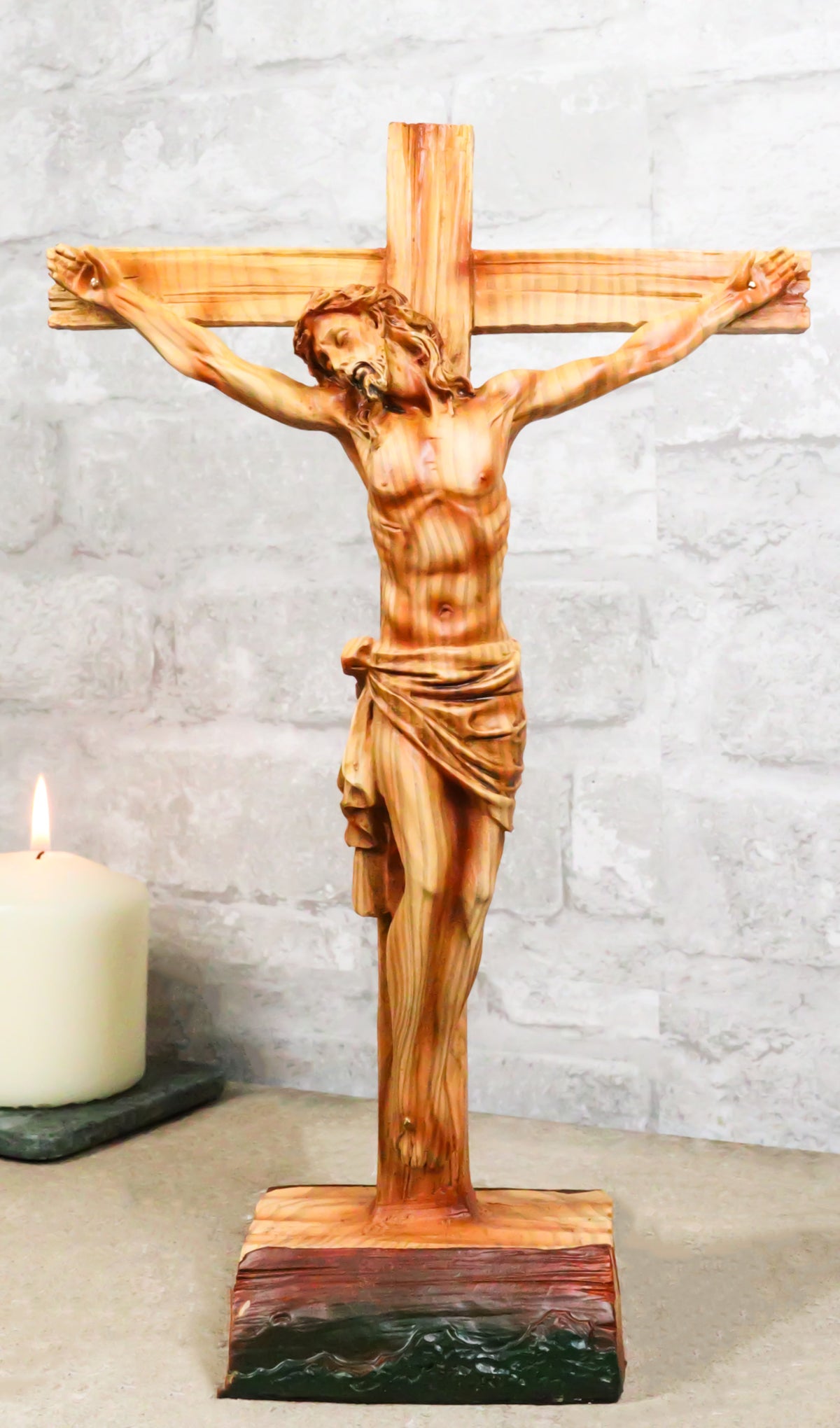 Passion Of Jesus Christ On The Cross In Faux Cedar Wood Finish Figurine 11.25"H