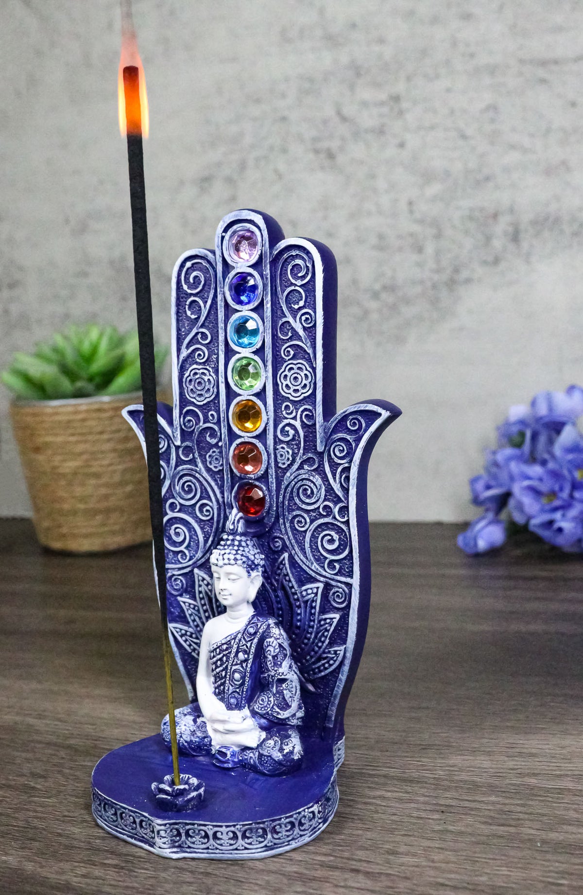 Blue Nirvana Hamsa Palm Buddha Rainbow Chakra Stones Incense Holder Figurine