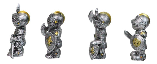 Set of 4 Medieval Suit of Armor Knights With Axe Sword Shields Mini Figurines - Ebros Gift