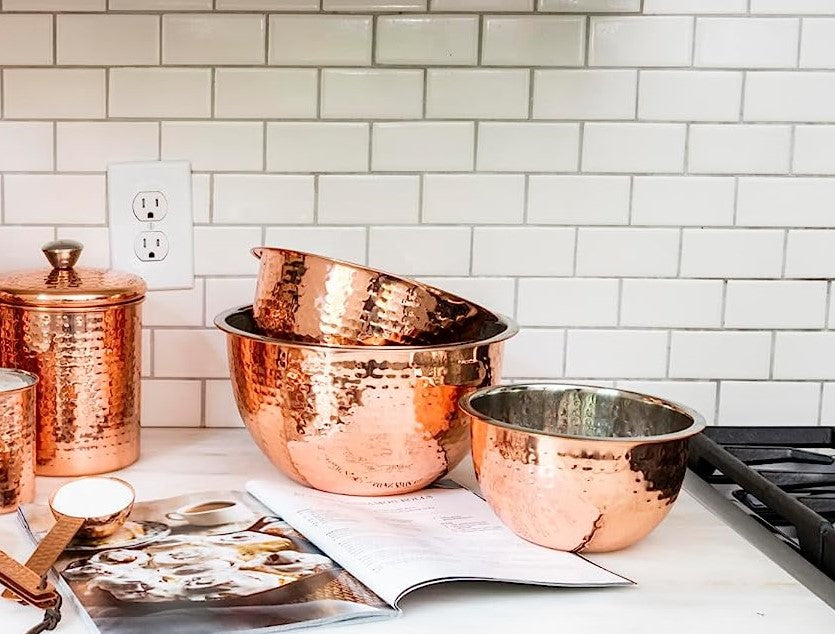 Set Of 3 Round Hammered Stainless Steel Serving Or Mixing Bowls Copper Finish