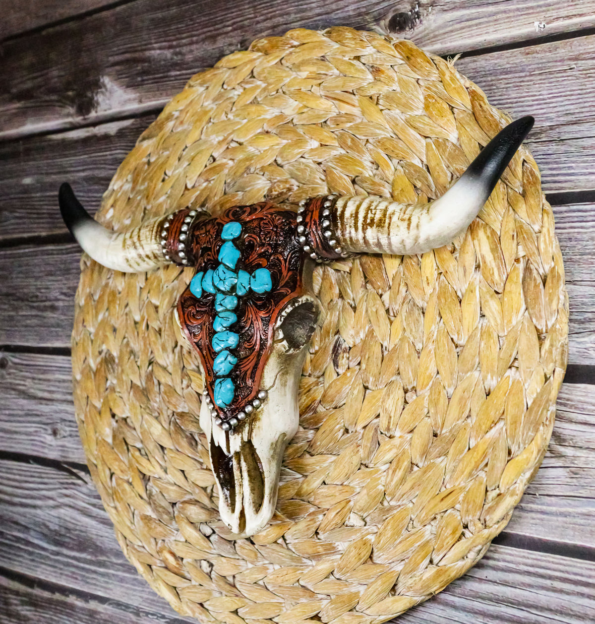 Southwest Steer Cow Skull With Turquoise Cross Tooled Leather Motif Wall Decor