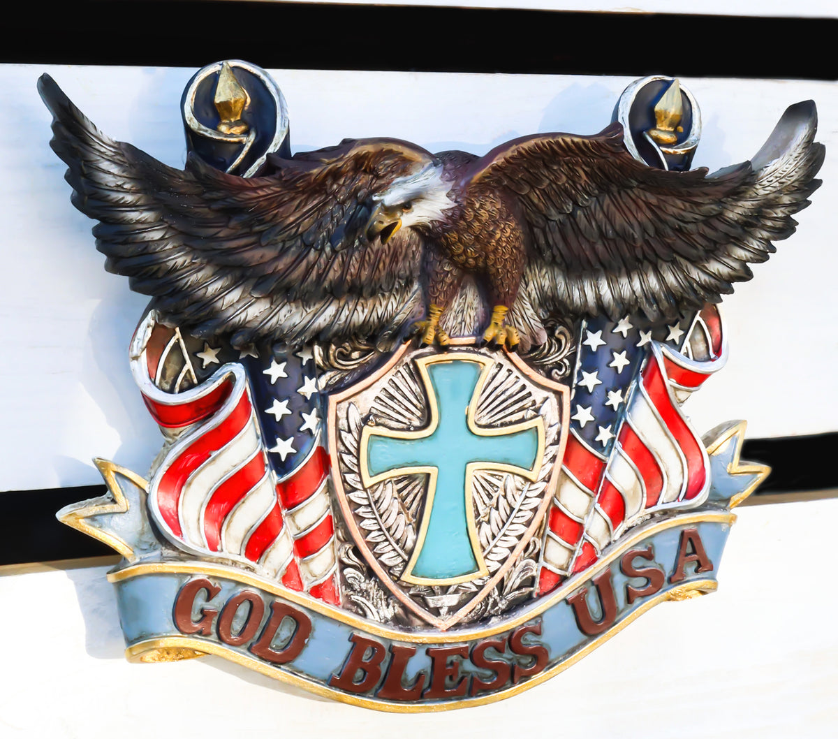 Patriotic Flags Bald Eagle On Cross Crest God Bless USA Wall Plaque Sculpture - Ebros Gift