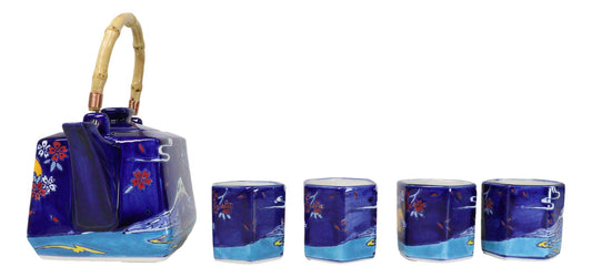 Blue Mount Fuji With Full Moon Ceramic Hexagonal Teapot With 4 Tea Cups Set