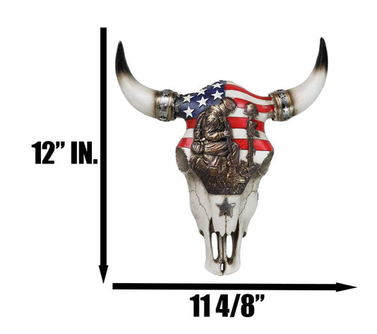 Western Patriotic USA Flag Helmet Rifle Soldier Memorial Cow Skull Wall Decor - Ebros Gift