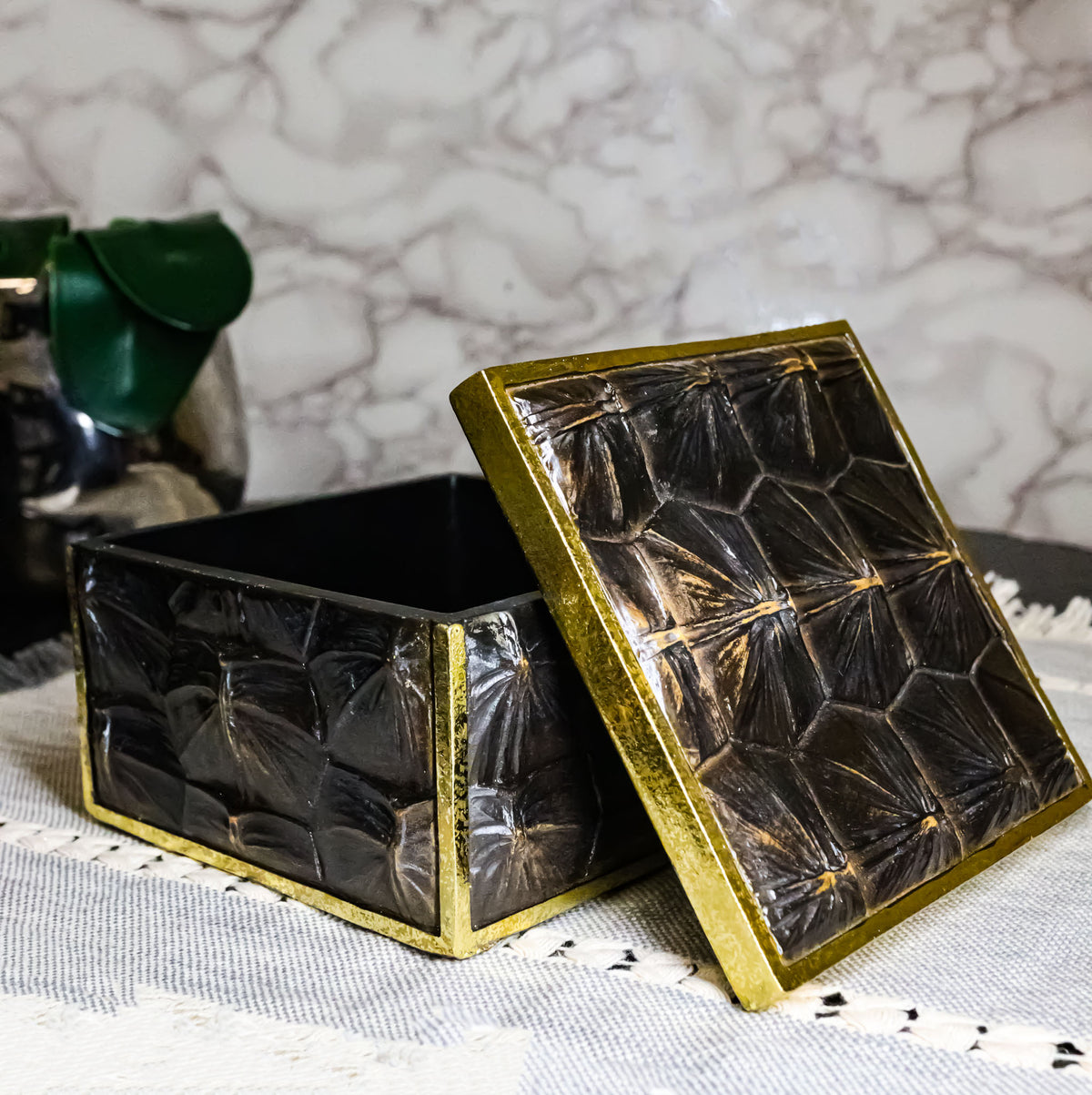 Faux Turtle Shell Print With Gold Trim Small Jewelry Trinket Box Figurine 5" L