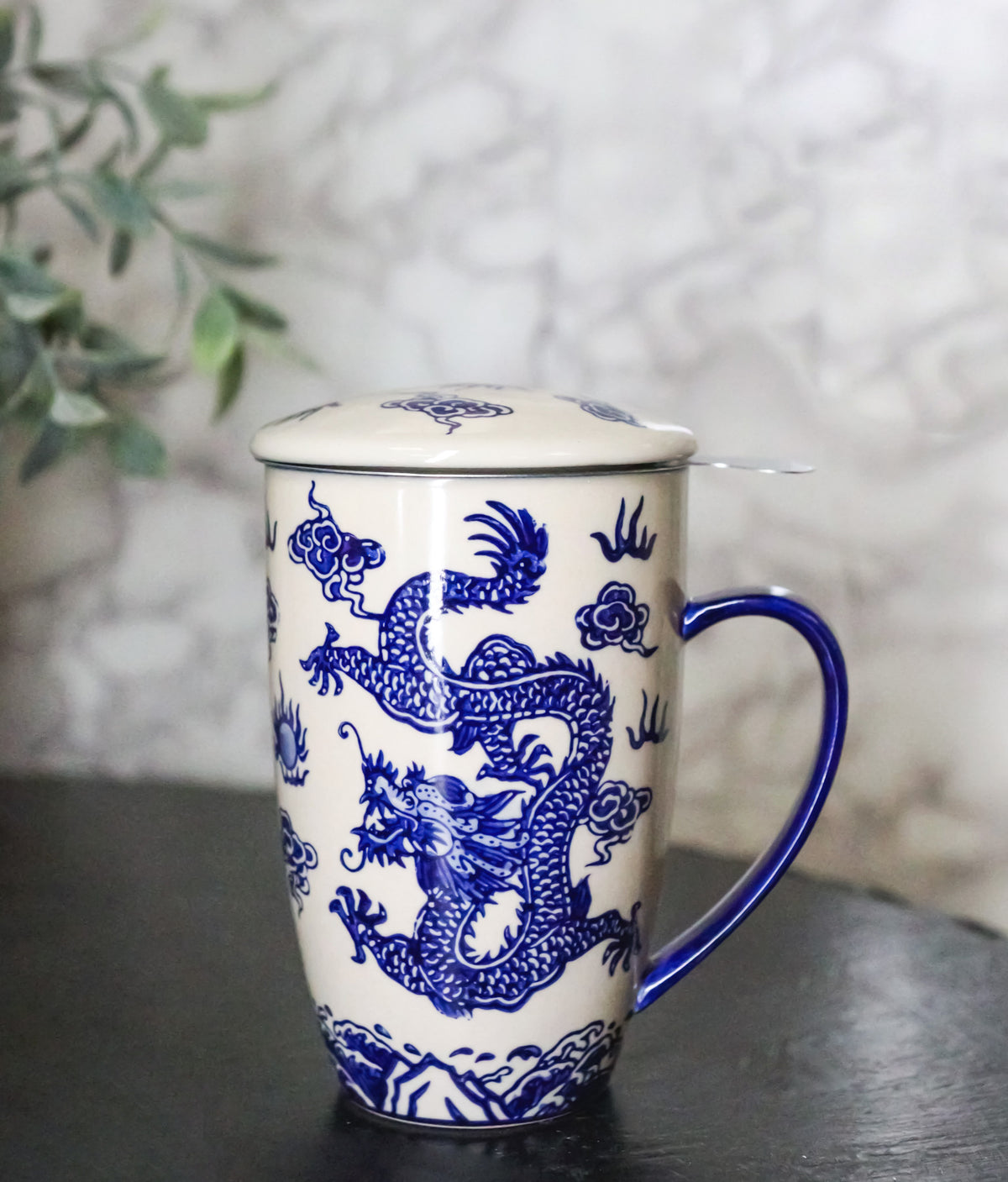 Blue Oriental Ryu Dragon 15oz Porcelain Tea Mug With Lid Stainless Steel Infuser