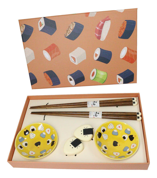 Onigiri Rice Balls Yellow Sauce Dishes Chopsticks And Rests Sushi Set For 2