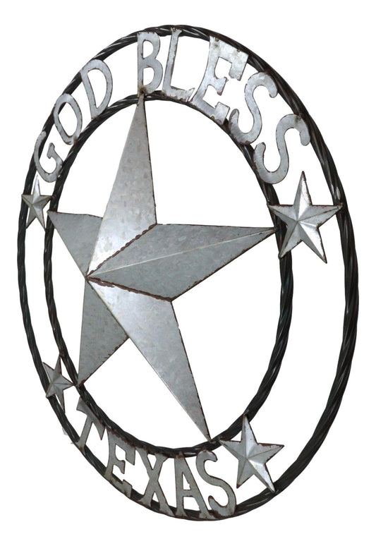 Large 24"D Rustic Western Star God Bless Texas Galvanized Metal Wall Circle Sign