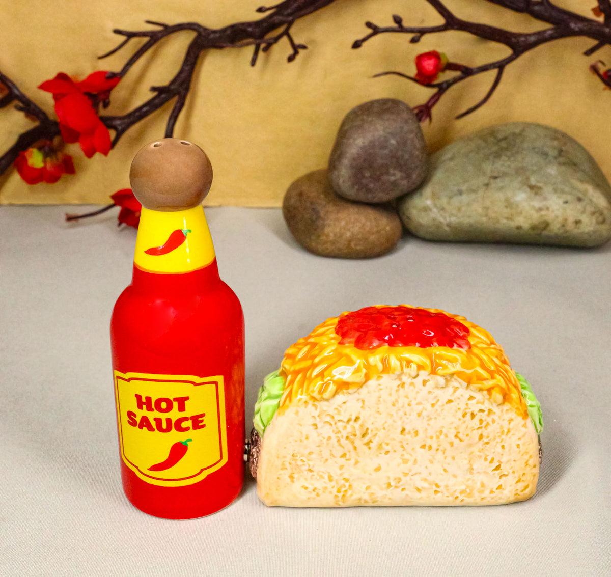 Ceramic Taco Tuesday Hot Sauce Bottle And Cheese Taco Salt Pepper Shakers Set