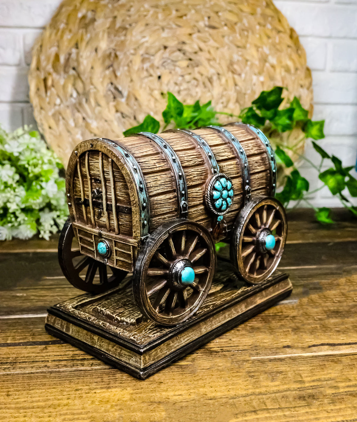 Rustic Western Faux Wooden Carriage Covered Wagon with Turquoise Accent Figurine