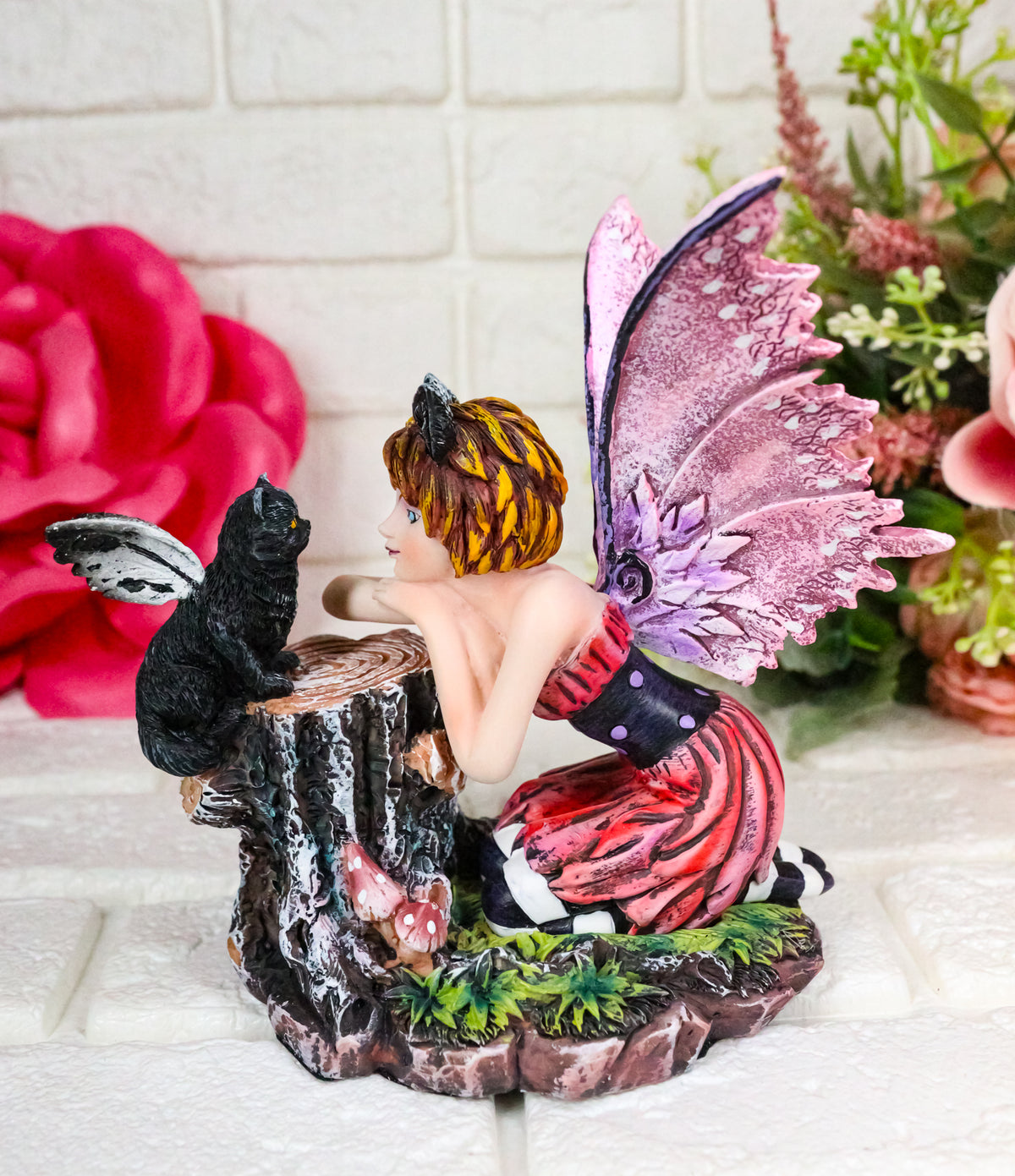 Tribal Autumn Girl Fairy with Red Hair Talking with Winged Black Cat Figurine