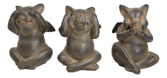 Rustic Country Angel Winged Pigs in See Hear Speak No Evil Poses Figurines Set - Ebros Gift