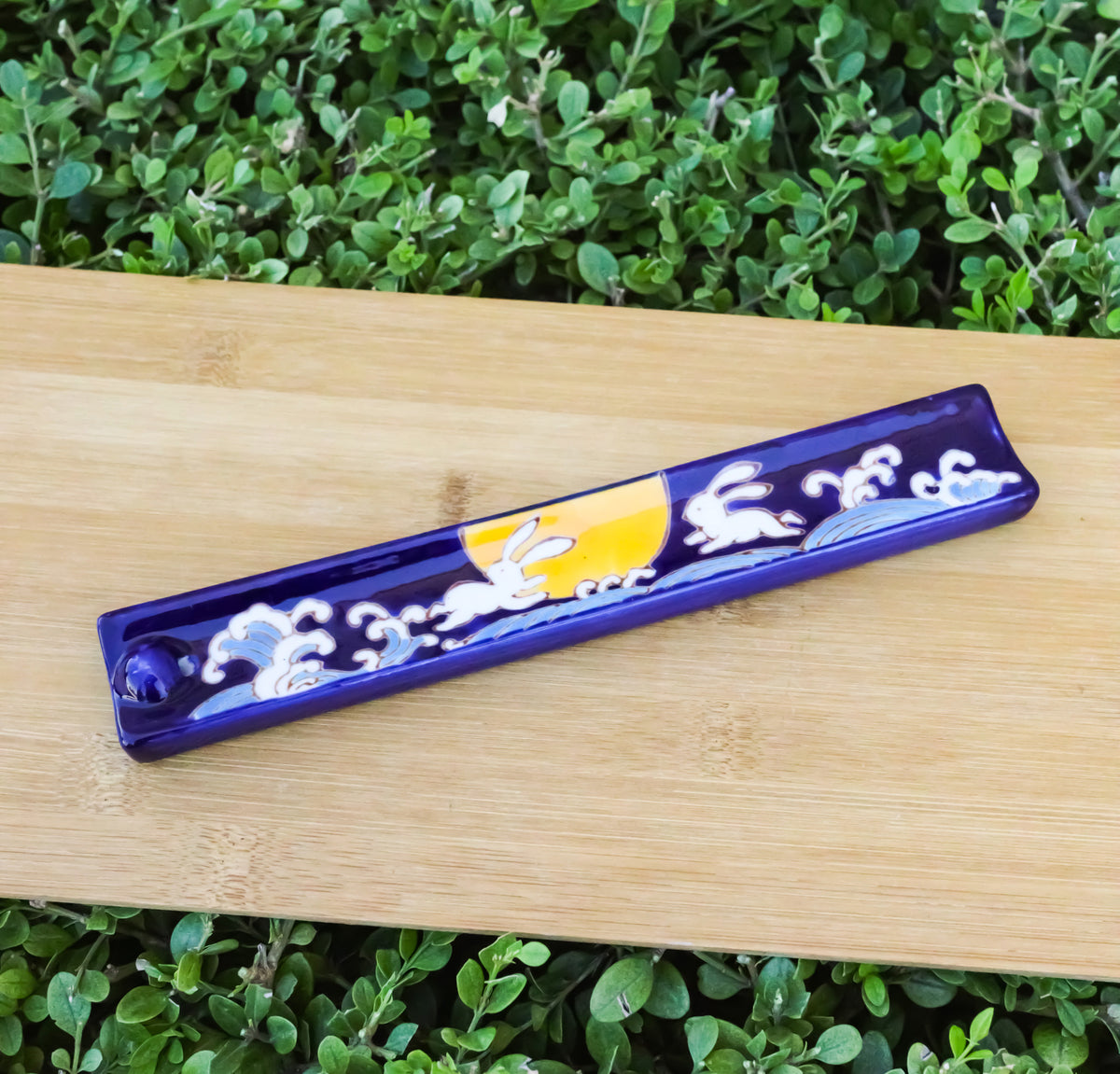 Ebros Moon Rabbit Blue Hand Painted Ceramic Incense Stick Holder Ash Catcher