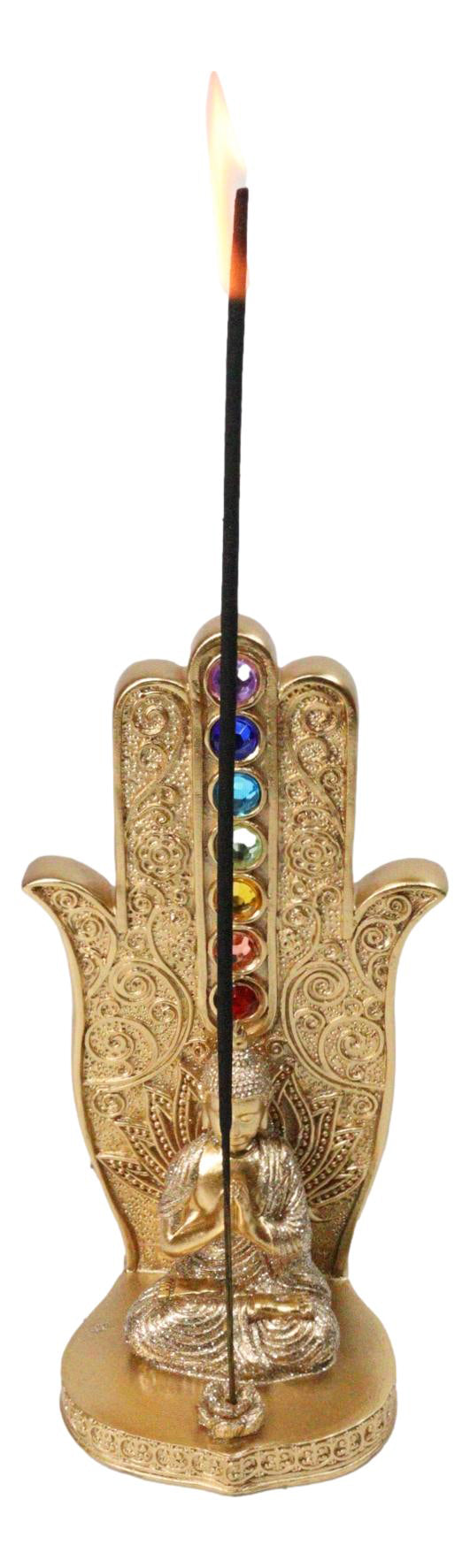 Golden Nirvana Hamsa Palm Buddha Rainbow Chakra Stones Incense Holder Figurine