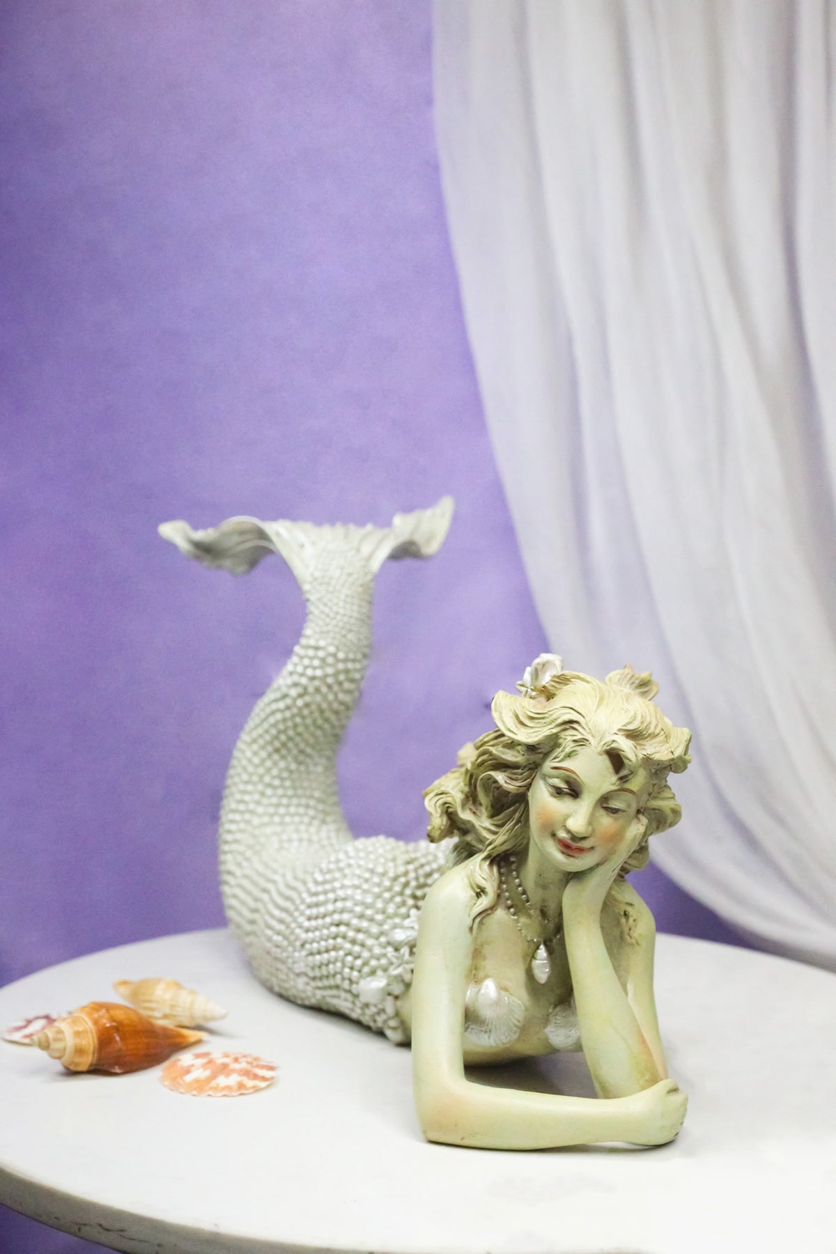 Nautical Marine Vintaged Pearly Mermaid Lying On Belly Daydreaming Figurine 13"L