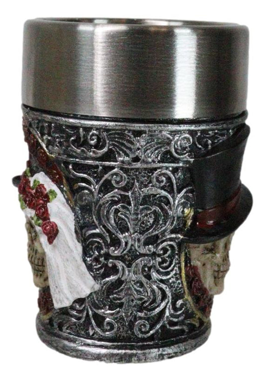 Pack of 4 Gothic Love Never Dies Skeleton Bride And Groom Shooter Shot Glasses - Ebros Gift