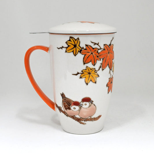 Sparrows Maple Leaves 15oz Porcelain Tea Mug With Lid & Stainless Steel Infuser