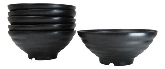 Pack Of 6 Contemporary Ridged Matte Black Melamine Round Ramen Soup Bowls 40oz