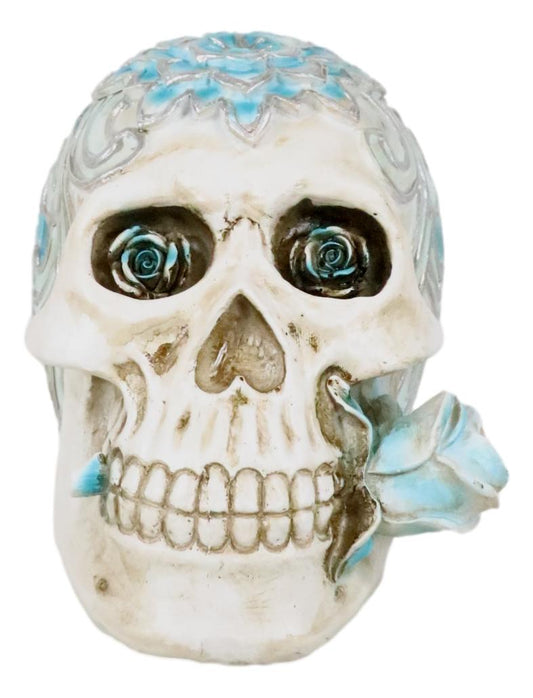 Gothic Day of The Dead Turquoise Rose Vine Tooled Floral Sugar Skull Figurine