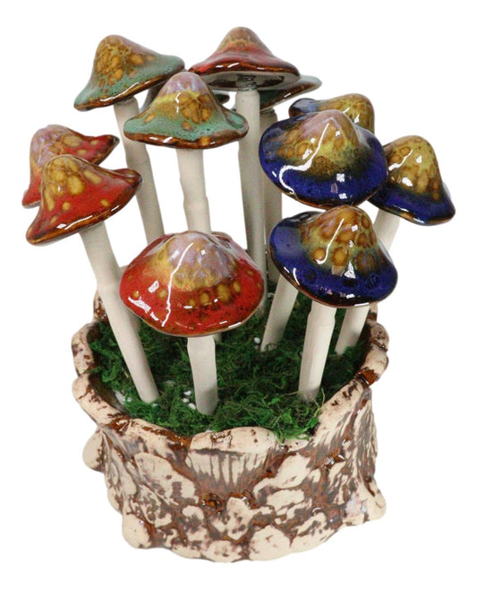 Fairy Garden Colorful 12 Piece Ceramic Mushroom Picks With Planter Holder Set