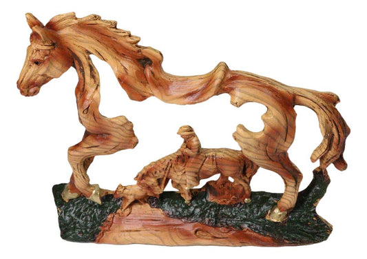 Rustic Western Running Horse Faux Wood Sculpture with Cowboy Riding Bronco