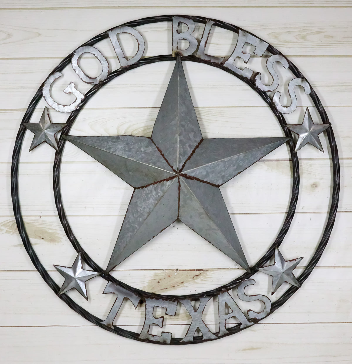 Large 24"D Rustic Western Star God Bless Texas Galvanized Metal Wall Circle Sign