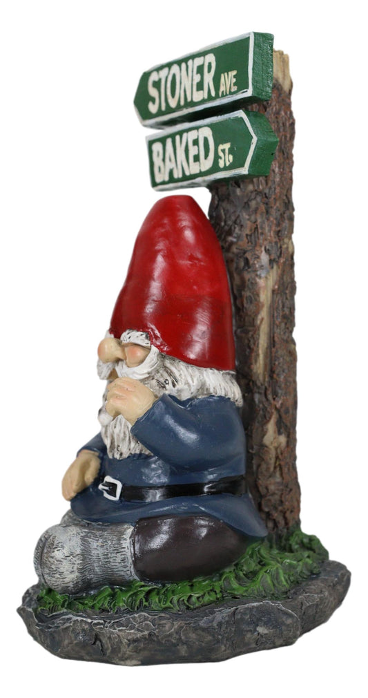 Mr Gnome Dwarf Stoner Smoking Stash Sitting By 'High' Way Crossroads Figurine