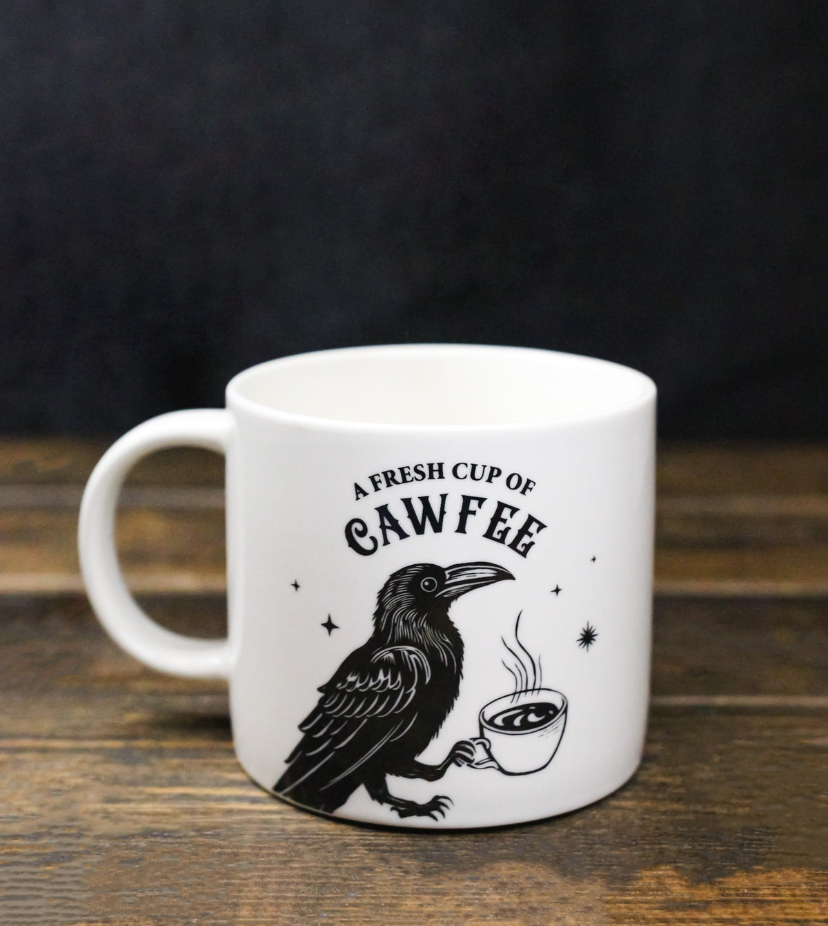 White Wicca Magic A Fresh Cup Of Caw Fee Raven Crow Porcelain Mug Cup 16oz