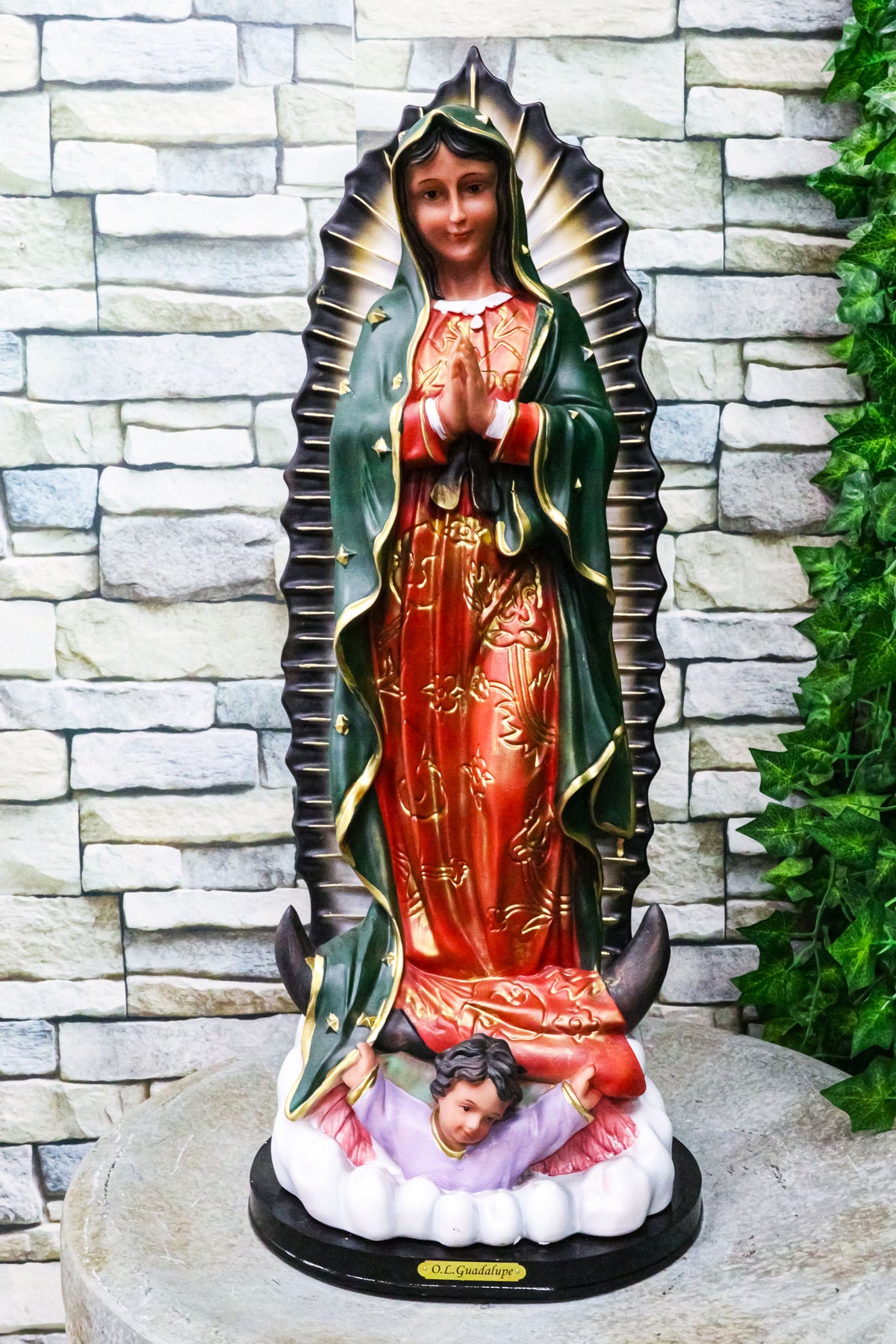 Blessed Virgin Our Lady of Guadalupe Statue with Brass Name Plate Base 24" Tall
