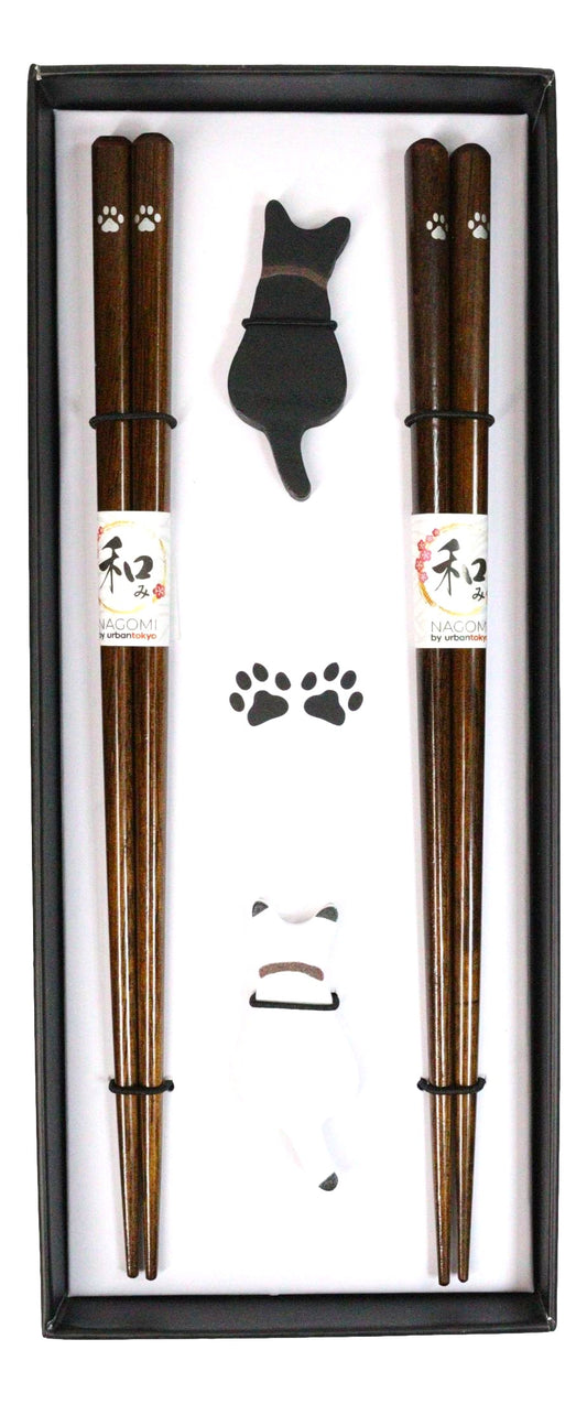 Black And White Feline Cats With Tails Set of 2 Chopsticks And Wooden Rests Set
