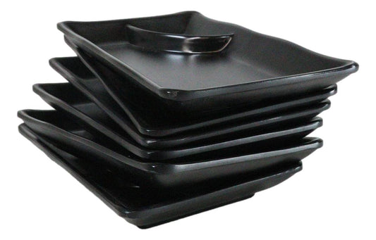 Pack Of 6 Ridged Matte Black Melamine 2 Partitions Rectangular Sushi Plates