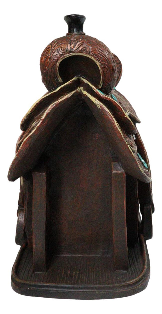Western Saddle Centerpiece Figurine Faux Tooled Leather Turquoise Accents 13"L