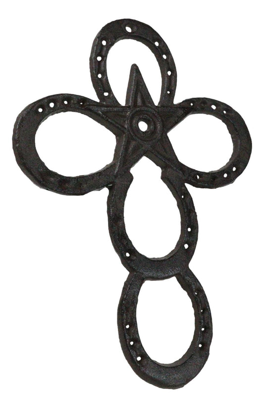 Set Of 2 Cast Iron Rustic Western Horseshoes And Lone Star Christian Wall Cross - Ebros Gift